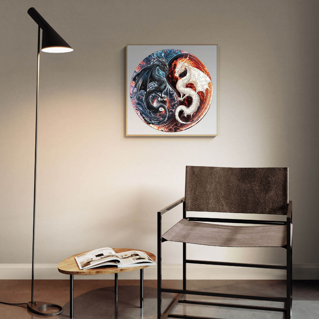 Yin Yang dragon artwork displayed on wall in modern living room with stylish lighting and furniture.