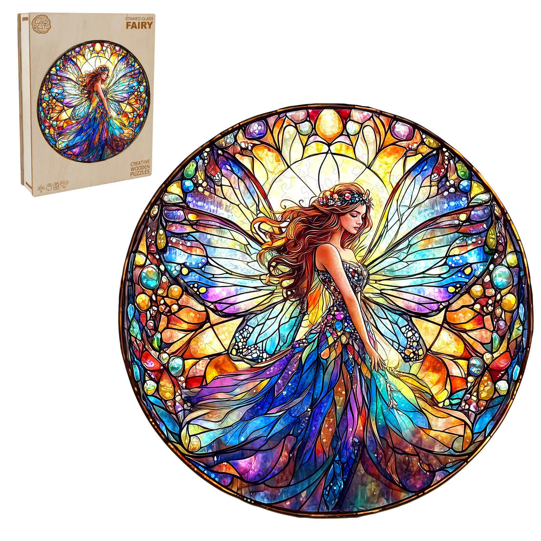 Stained Glass Fairy wooden jigsaw puzzle, vibrant and colorful design for puzzle enthusiasts and mind games lovers.