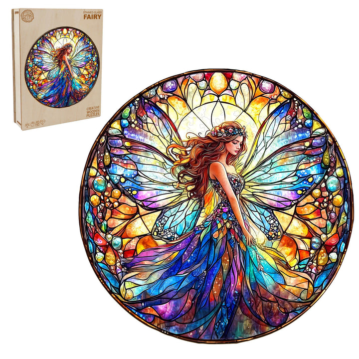Stained Glass Fairy wooden jigsaw puzzle, vibrant and colorful design for puzzle enthusiasts and mind games lovers.