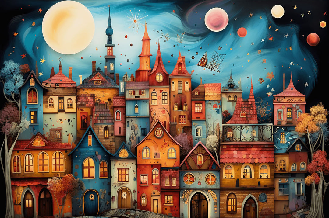 Weird Town-2 jigsaw puzzle featuring colorful whimsical buildings and celestial elements, perfect for mind games and focus.