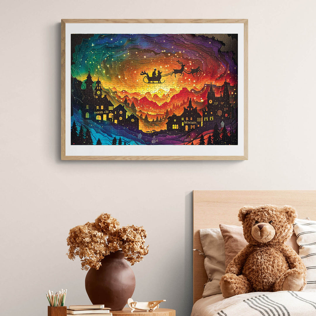 Colorful Christmas Eve puzzle art featuring Santa and sleigh in a festive night sky, perfect for holiday decor.