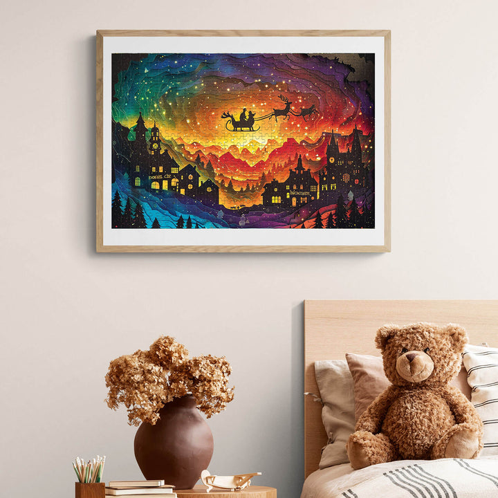Colorful Christmas Eve puzzle art featuring Santa and sleigh in a festive night sky, perfect for holiday decor.