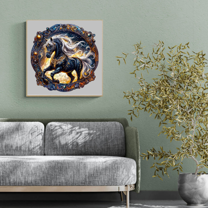 Elegant horse artwork on wall above a cozy sofa, enhancing home decor with artistic flair.