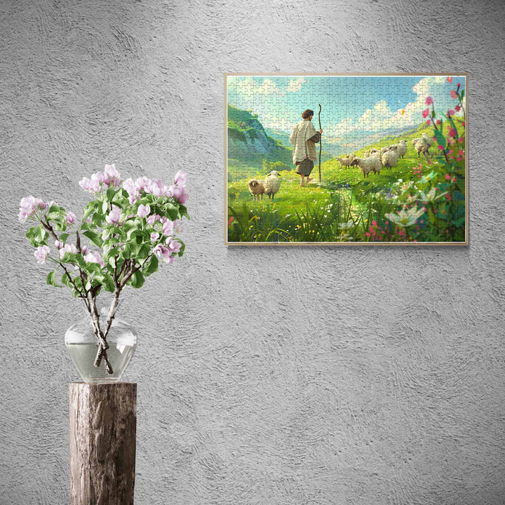 Sacred Grassland 500/1000 Piece Puzzle displayed on a wall, with a vase of flowers and wood stand as decor.