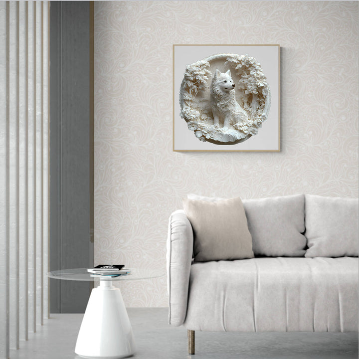 3D Paper Samoyed wooden jigsaw puzzle displayed in a modern living room with cozy furniture.