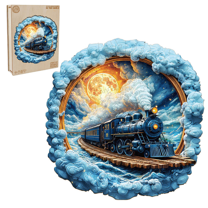 3D wooden jigsaw puzzle featuring a train through clouds with a moonlit sky, ideal for mind games and enhancing focus.