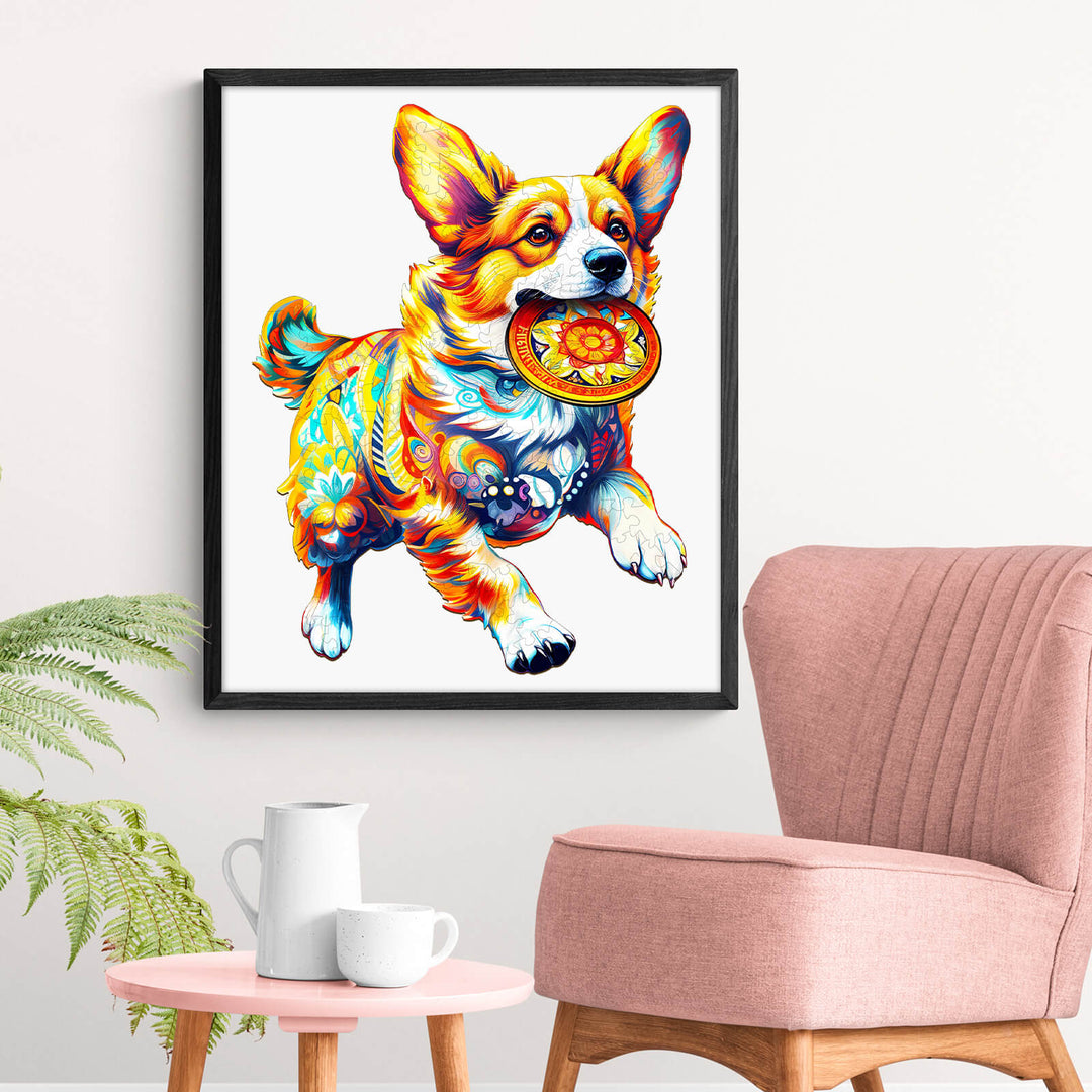 Colorful corgi dog artwork with a frisbee, bright and playful, perfect for dog lovers and home decor.