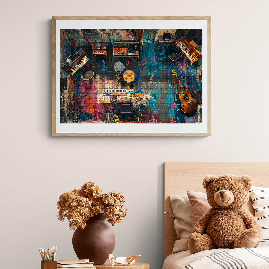 Aerial view of a colorful musical instrument room puzzle featuring guitars, keyboards, and drums in a cozy setting.