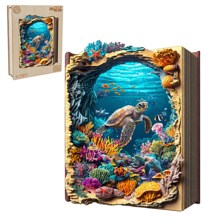 3D Deep Blue Wooden Jigsaw Puzzle featuring a vibrant underwater scene with a turtle and coral reef.