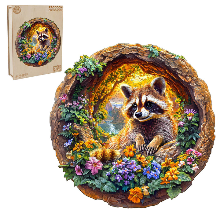 3D Raccoon on Vacation wooden jigsaw puzzle featuring a raccoon surrounded by colorful flowers and nature.