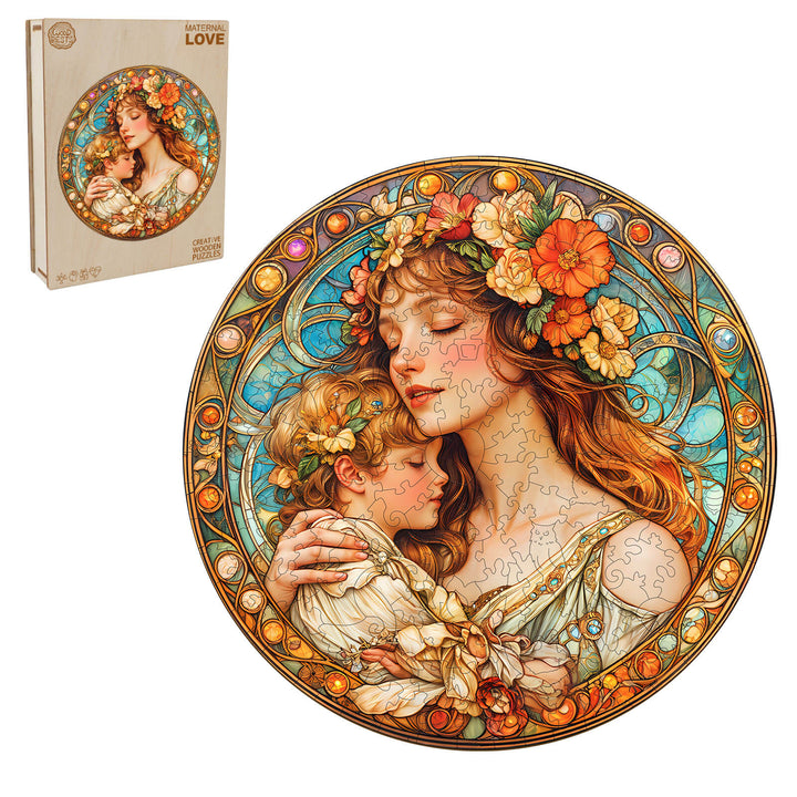 Maternal Love Wooden Jigsaw Puzzle featuring a mother and child embracing, promoting focus and mental skills through play.