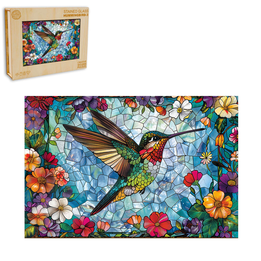 Stained Glass Hummingbird-4 wooden jigsaw puzzle featuring vibrant flowers and colors for focused mind games.