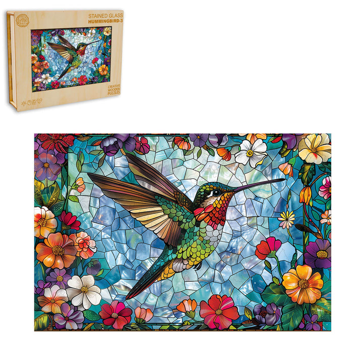 Stained Glass Hummingbird-4 wooden jigsaw puzzle featuring vibrant flowers and colors for focused mind games.