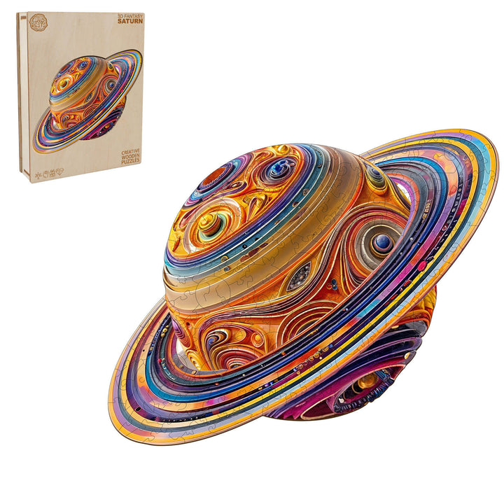 3D Fantasy Saturn wooden jigsaw puzzle with colorful design and packaging; enhances focus and cognitive skills.