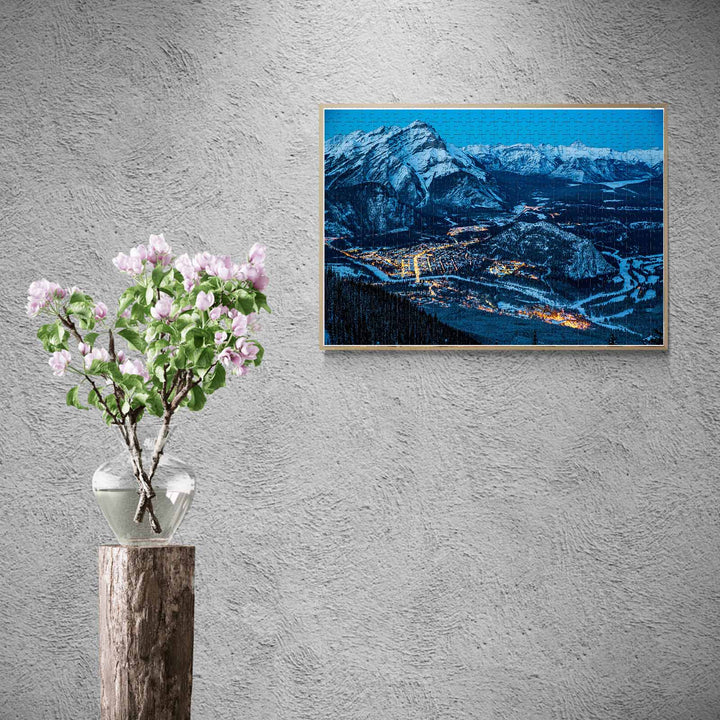 Framed Winter Morning puzzle on wall with mountain view, promoting focus and relaxation through jigsaw solving.