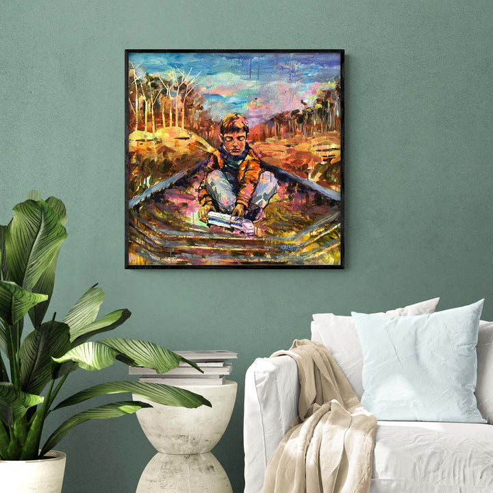 Colorful artwork of a child sitting on train tracks, inspired by artist Arlet Gomez, perfect for artistic inspiration.