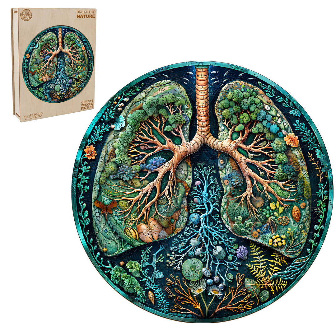 Breath of Nature wooden jigsaw puzzle with vibrant lung design, showcasing intricate flora and fauna for focused gameplay.