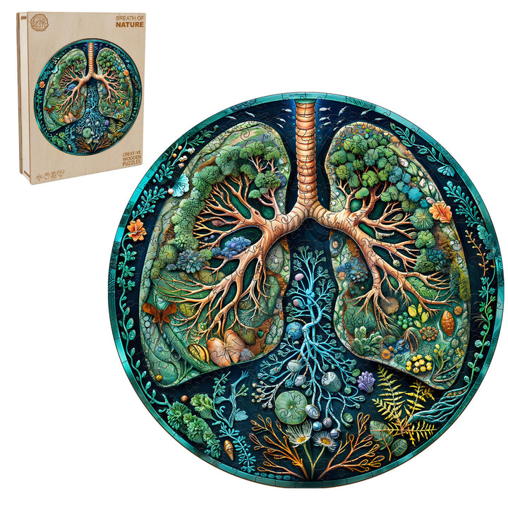 Breath of Nature wooden jigsaw puzzle with vibrant lung design, showcasing intricate flora and fauna for focused gameplay.