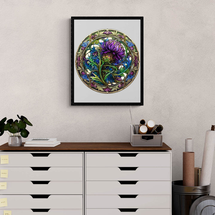 Framed Scotch Thistle wooden jigsaw puzzle artwork displayed on a modern shelf with decorative elements.