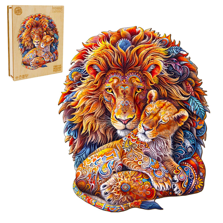 Fatherly Lion Wooden Jigsaw Puzzle featuring a colorful lion and cub design, promoting focus and cognitive skills through play.