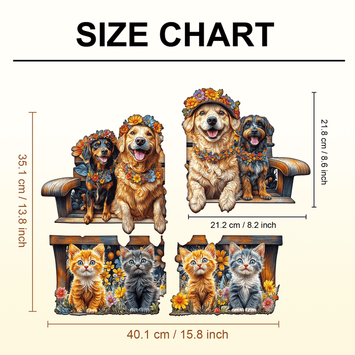 Size chart for Party Puzzle-Pets on the Bench, featuring dimensions of dog and cat illustrations.