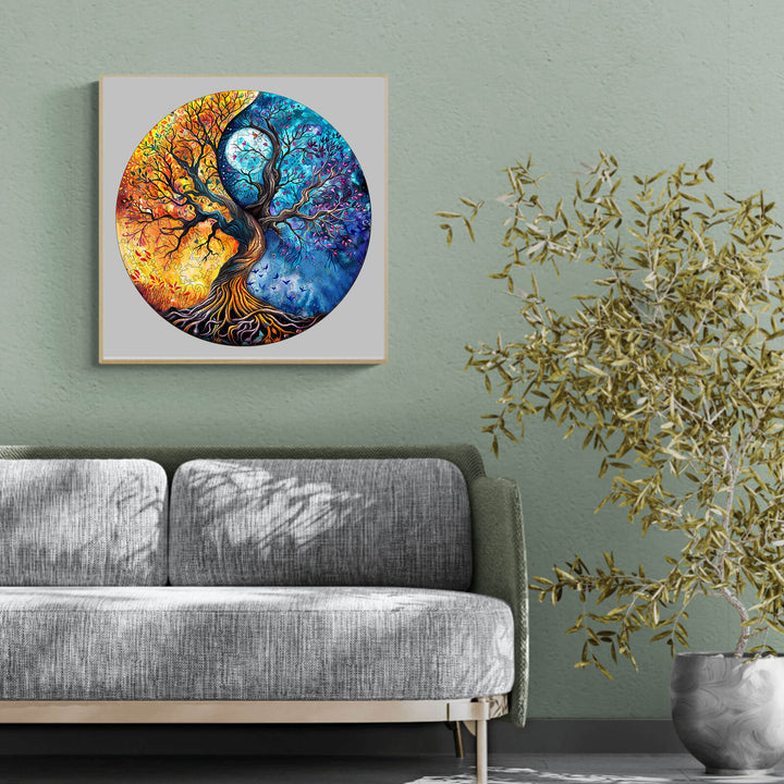 Yin Yang Tree of Life wooden jigsaw puzzle displayed in a cozy living room on an accent wall.