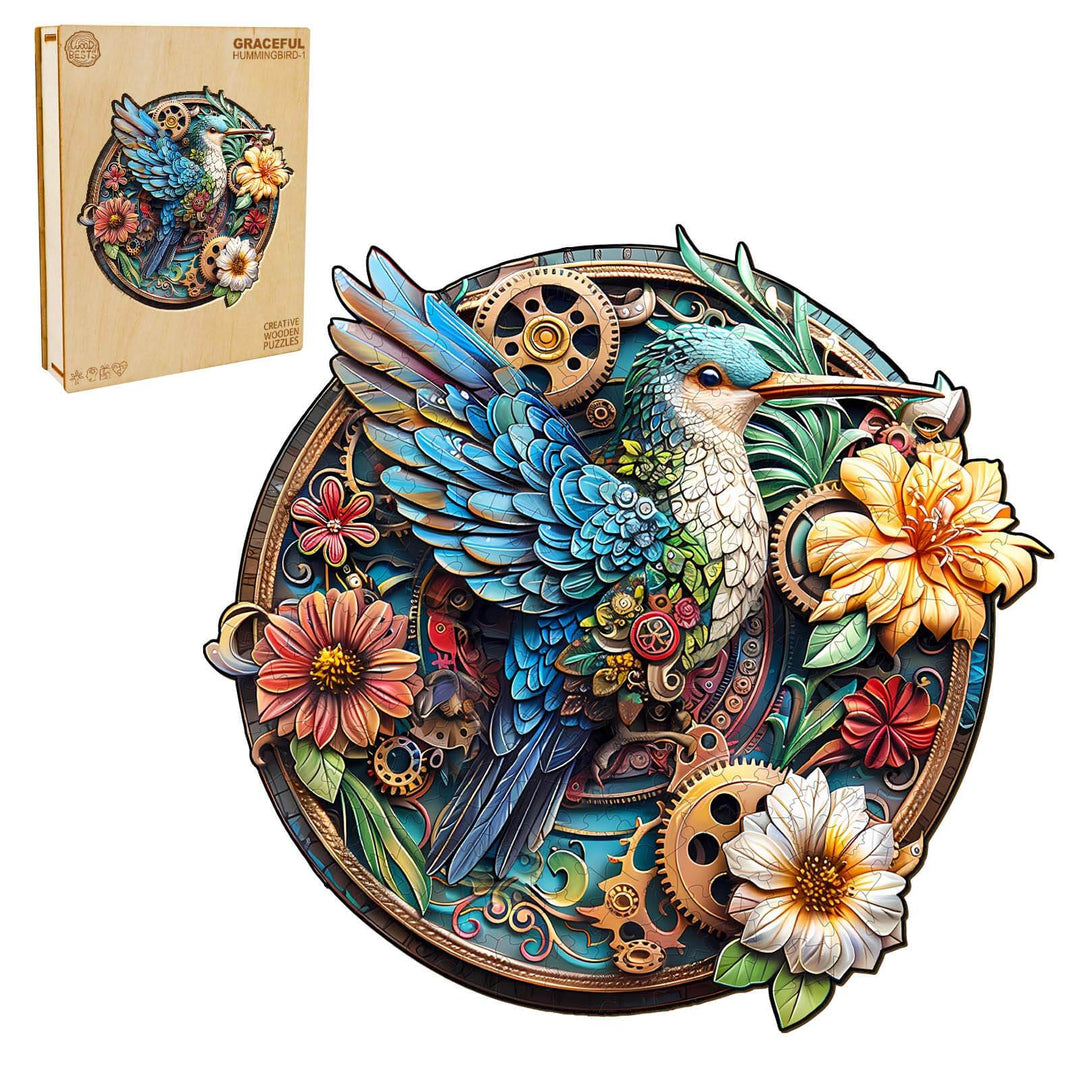 Graceful Hummingbird-1 wooden jigsaw puzzle featuring vibrant colors and floral designs for brain-teasing fun.