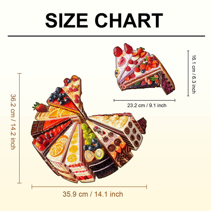 Size chart for the Delicious Cake puzzle showcasing dimensions in centimeters and inches.