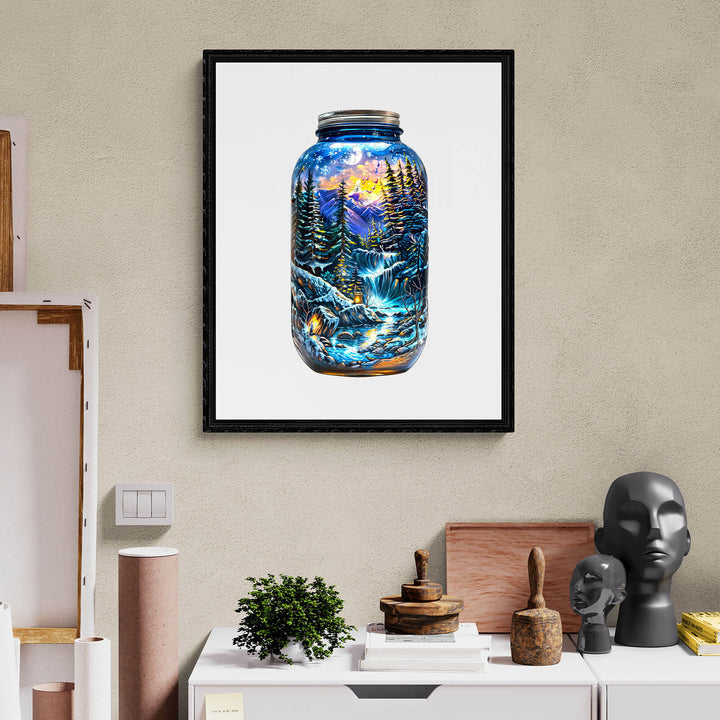Winter Dreamscape jigsaw puzzle design featuring a magical jar scene with forests, water, and stars.