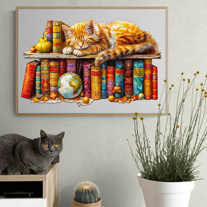 Dreamy tabby cat sleeping on colorful stacked books with a globe, perfect for book lovers and cat enthusiasts.