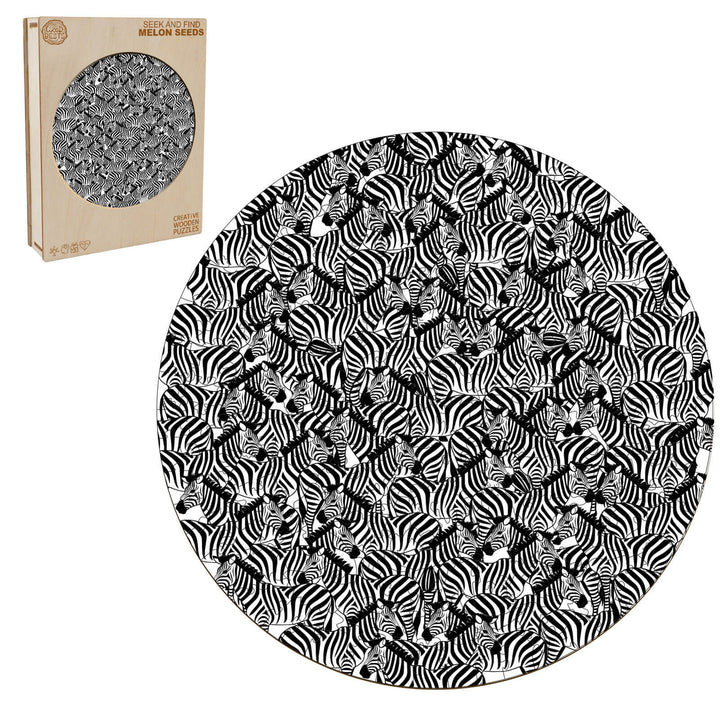 Seek and find Melon seeds wooden jigsaw puzzle, featuring a black and white zebra pattern for brain-teasing fun.