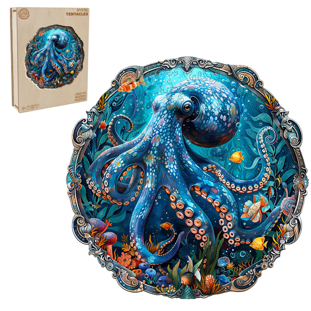Colorful Mystic Tentacles wooden jigsaw puzzle featuring a vibrant octopus and marine life design.