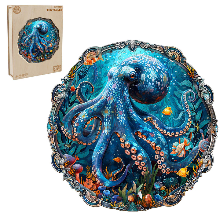 Colorful Mystic Tentacles wooden jigsaw puzzle featuring a vibrant octopus and marine life design.