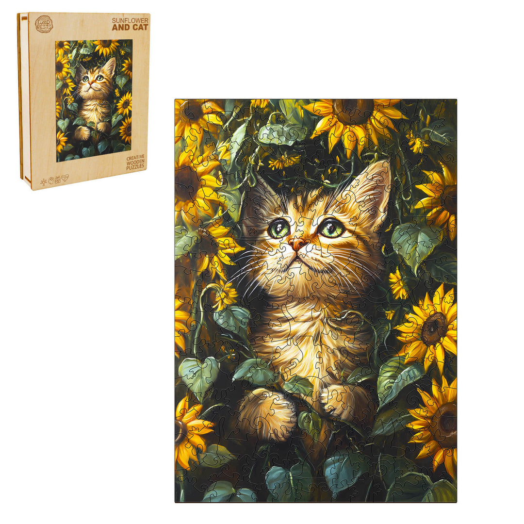 Sunflower and Cat wooden jigsaw puzzle featuring a playful cat among sunflowers, perfect for mind games and concentration.