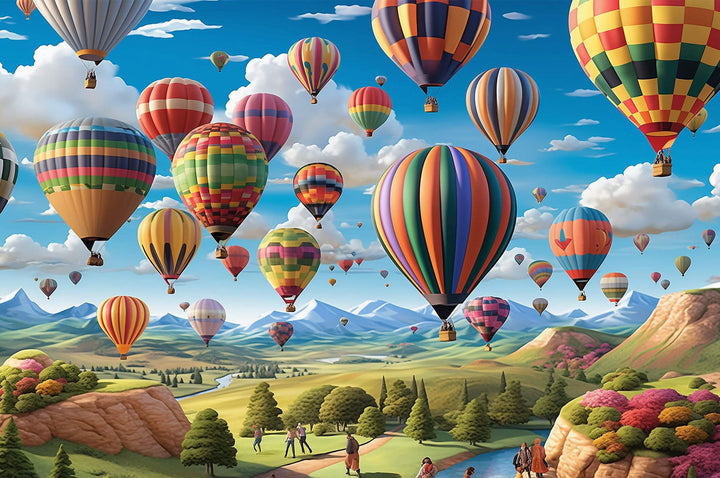 Colorful hot air balloons soaring over a scenic landscape, perfect for a 500/1000 piece jigsaw puzzle.