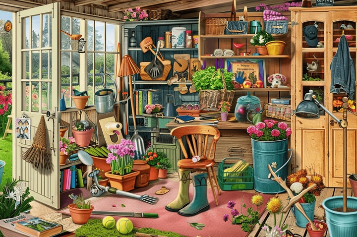 Messy Warehouse 500/1000 piece puzzle featuring a vibrant garden shed filled with tools, flowers, and gardening supplies.