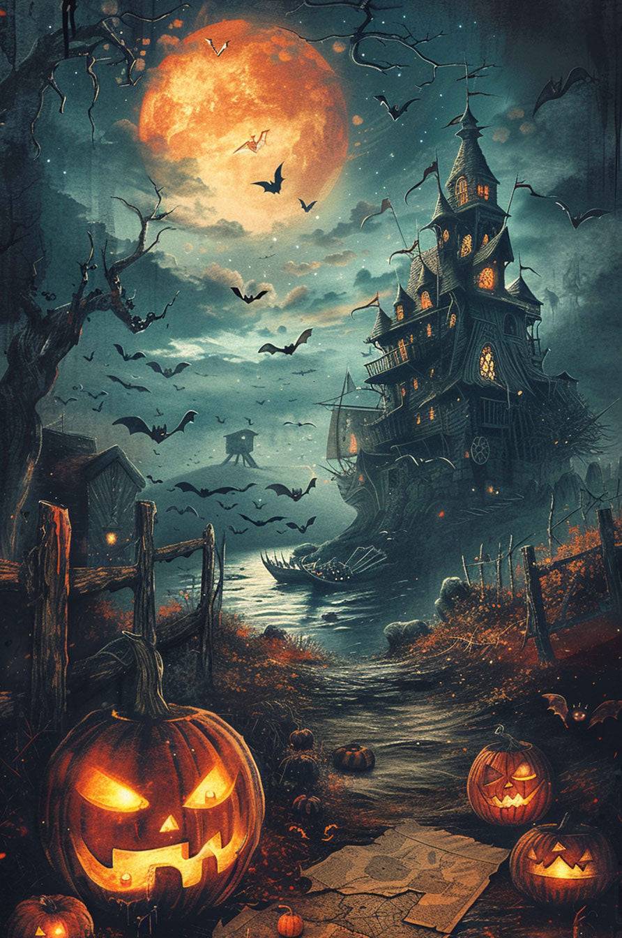 Haunted house under a full moon with bats and glowing jack-o-lanterns, creating a spooky Halloween scene.