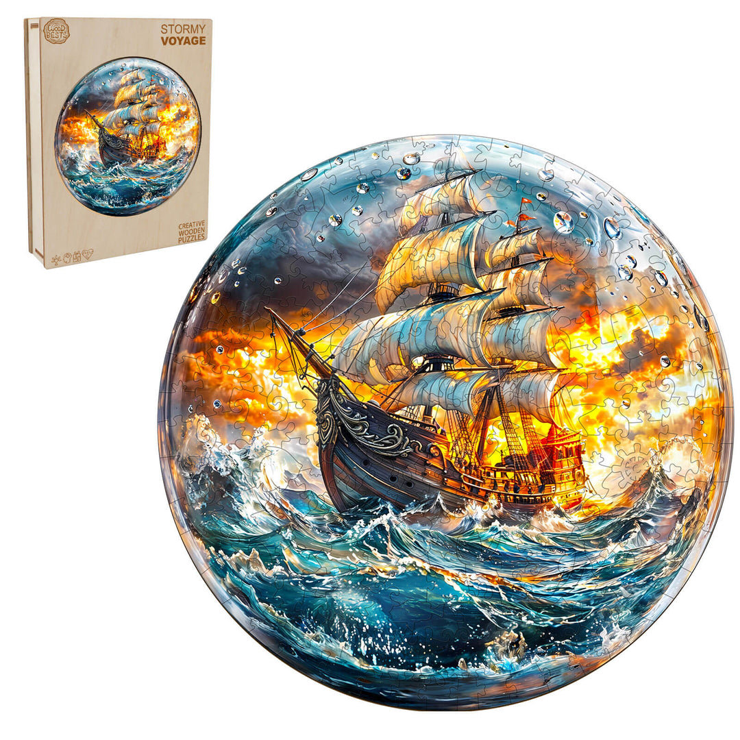 Stormy Voyage wooden jigsaw puzzle featuring a ship in turbulent seas, enhancing focus and puzzle-solving skills.