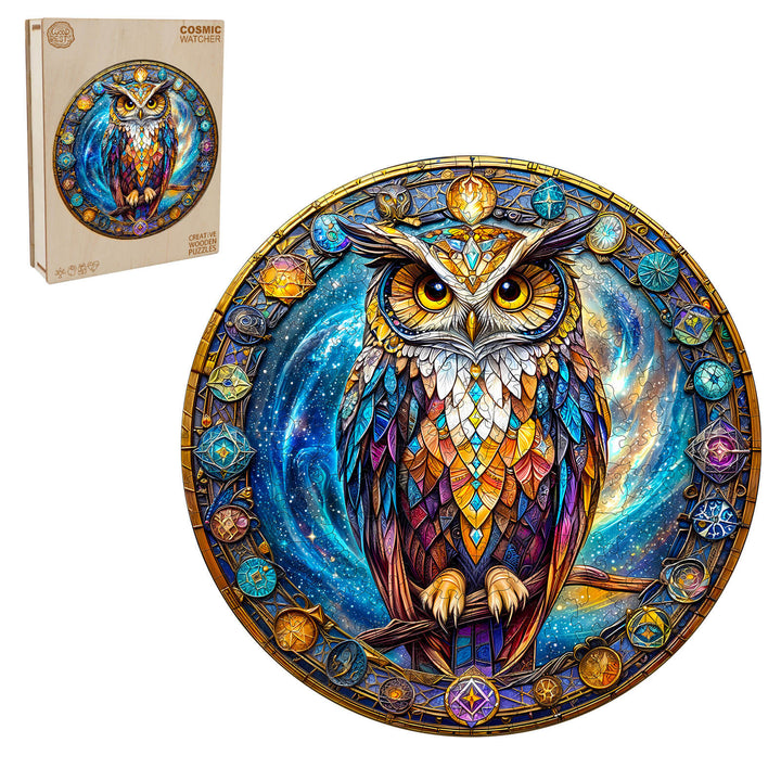 Cosmic Watcher wooden jigsaw puzzle featuring a colorful owl design for engaging mind games and enhancing focus.