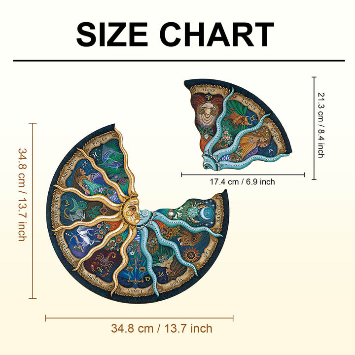 Size chart for the Party Puzzle-Zodiac Horoscope, showcasing dimensions and design details of the jigsaw puzzle.