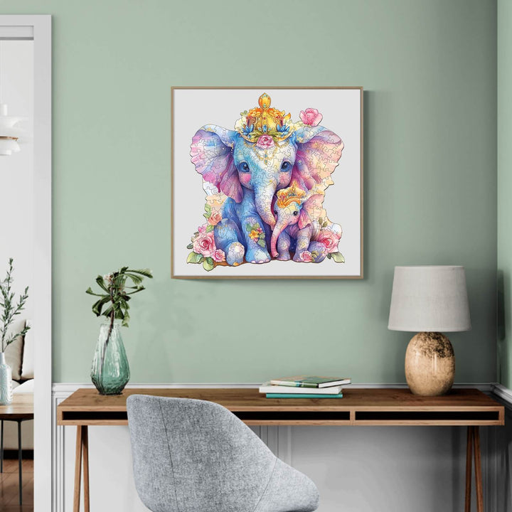 Colorful parent child elephant artwork in a modern living room decor with plants and elegant furniture.