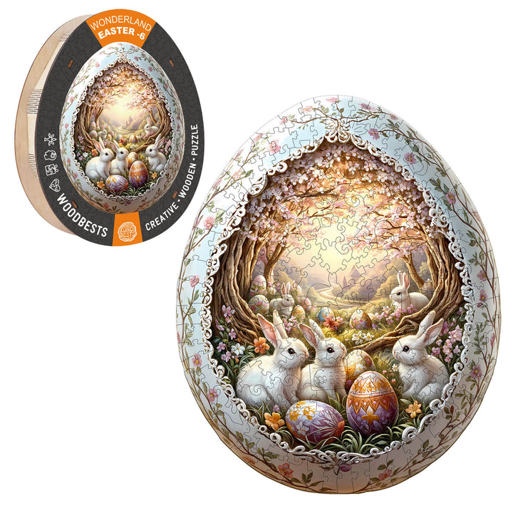 Wonderland Easter-6 wooden jigsaw puzzle featuring bunnies and colorful eggs in a serene landscape.
