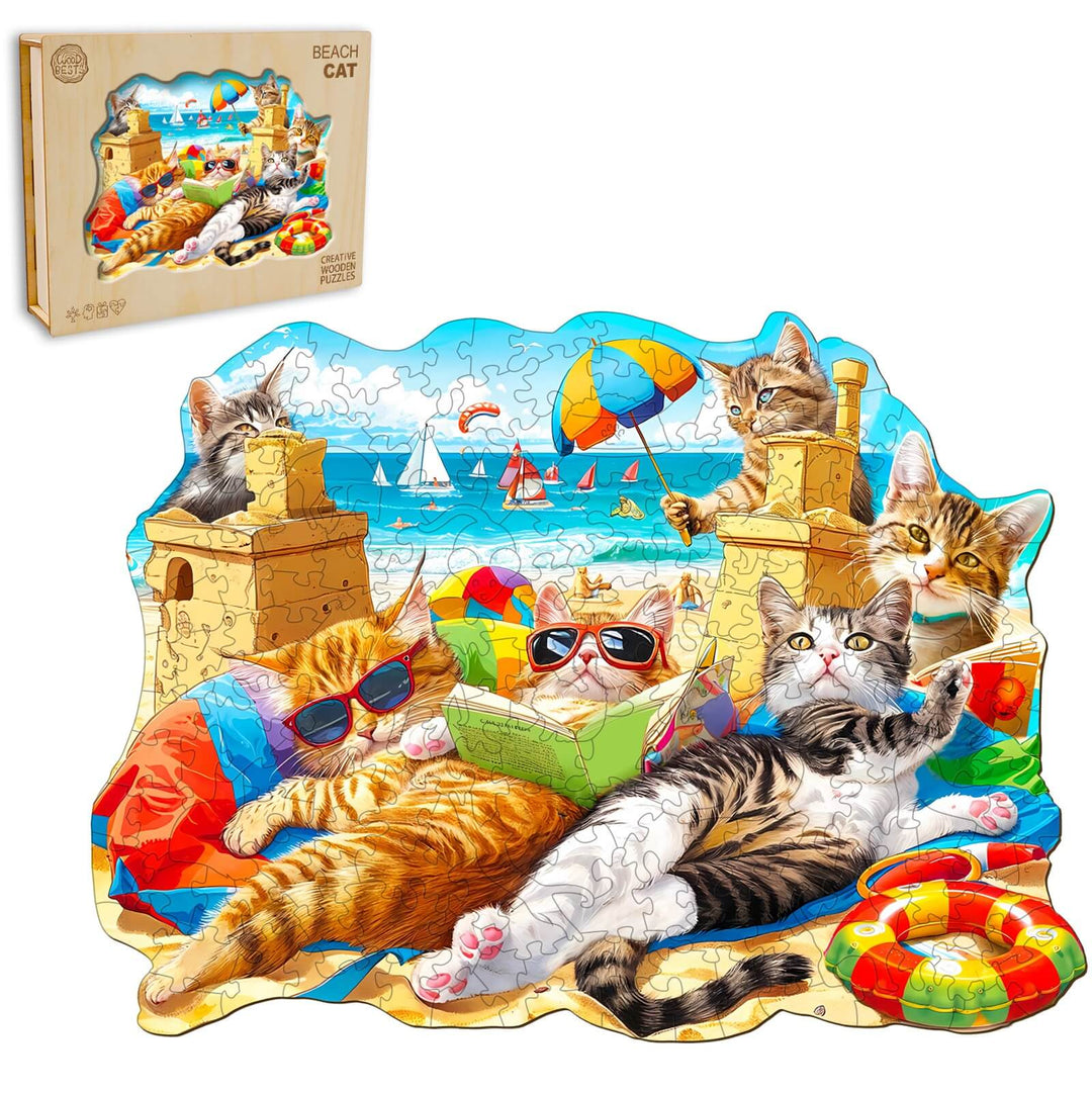 Beach Cat wooden jigsaw puzzle featuring playful cats relaxing at the beach with sunglasses and colorful beach items.