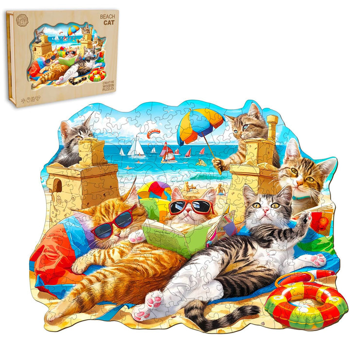 Beach Cat wooden jigsaw puzzle featuring playful cats relaxing at the beach with sunglasses and colorful beach items.