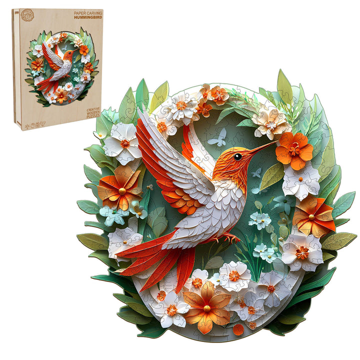 3D Colored Paper Carving Hummingbird Wooden Jigsaw Puzzle with vibrant flowers and leaves decoration.