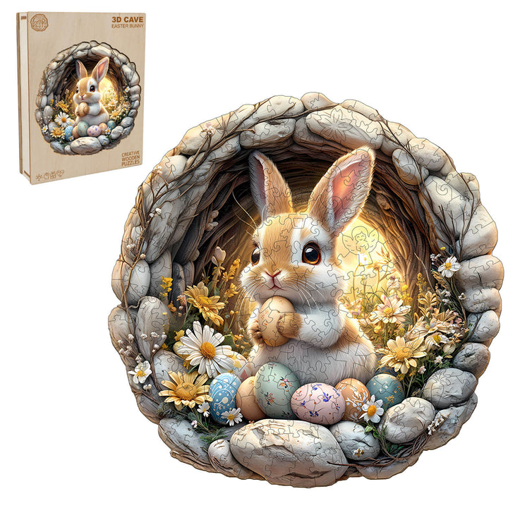 3D Cave Easter Bunny wooden jigsaw puzzle featuring a cute bunny in a stone cave with colorful eggs and flowers.