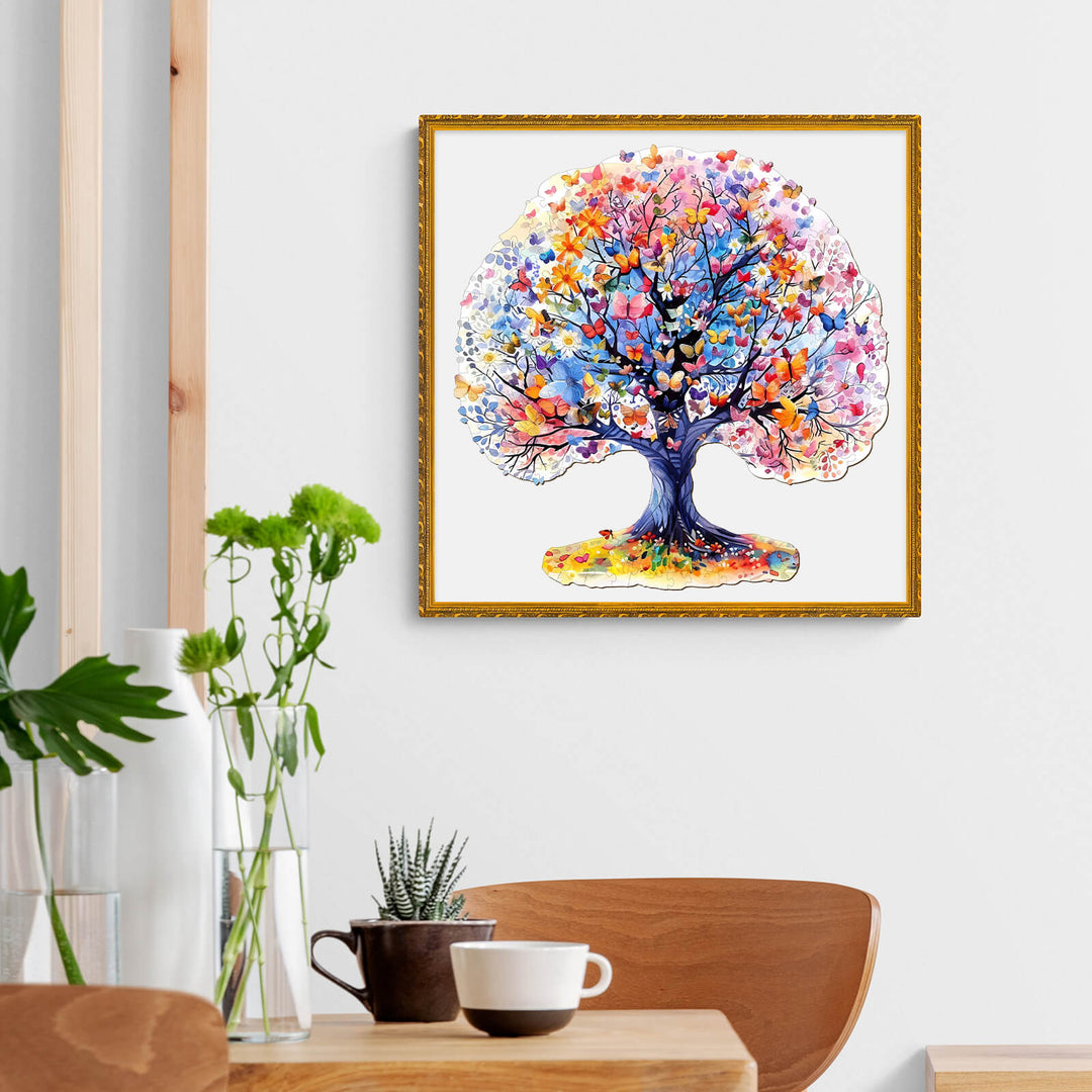 Vibrant Life Tree artwork in a cozy living space, featuring colorful leaves and a stylish frame.