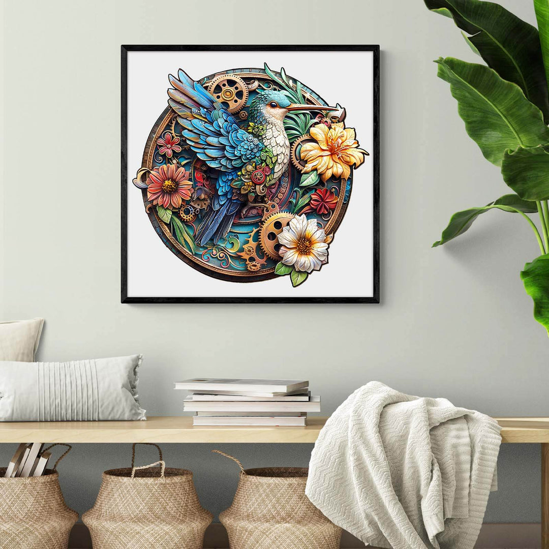 Colorful artwork of a hummingbird surrounded by flowers in a stylish home setting, ideal for nature lovers.