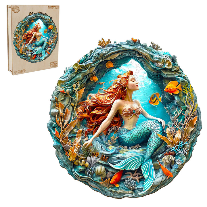 3D Mermaid's Secret Cave wooden jigsaw puzzle featuring a mermaid exploring colorful underwater life.