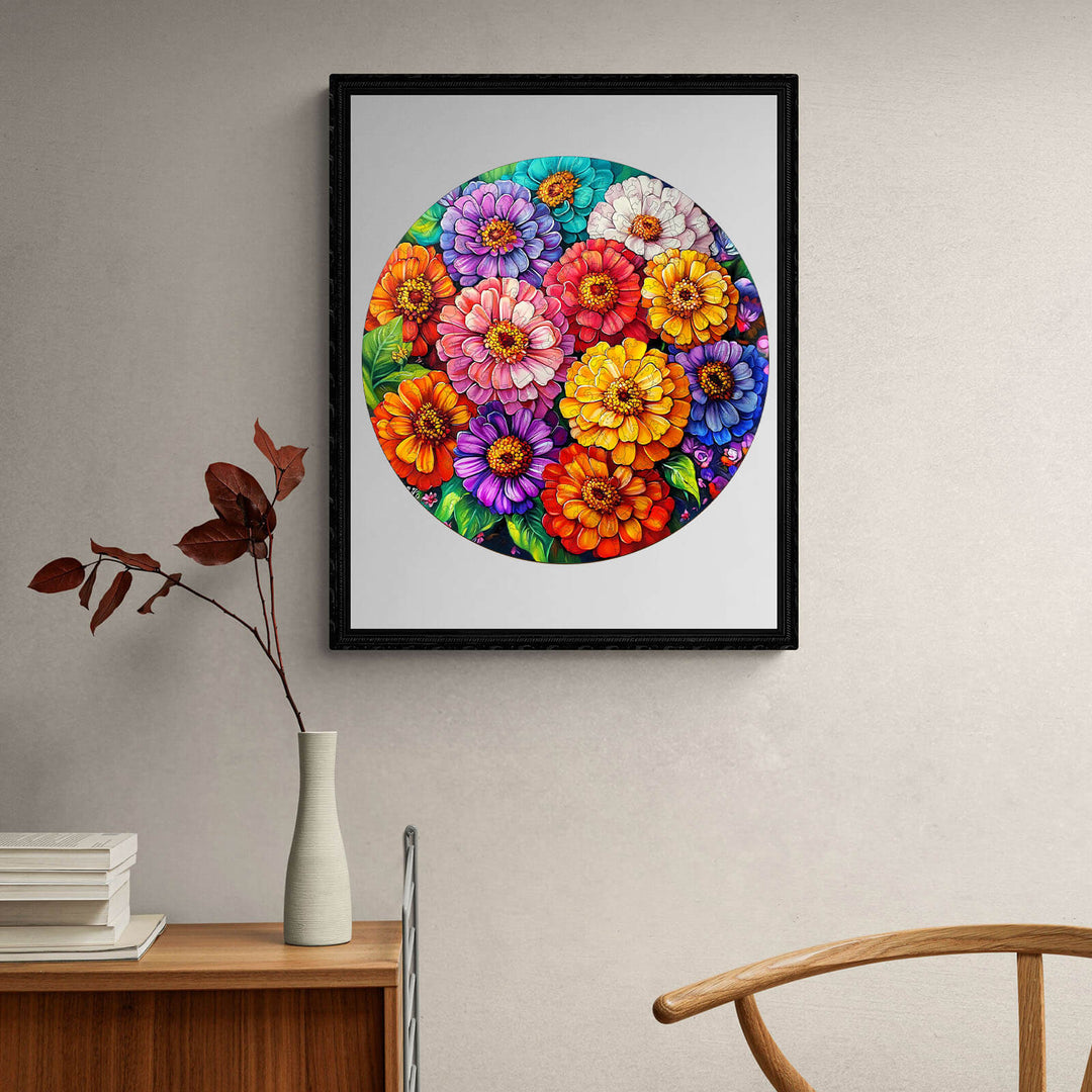 Colorful artwork of beautiful flowers in a circular design, enhancing home decor and creativity.